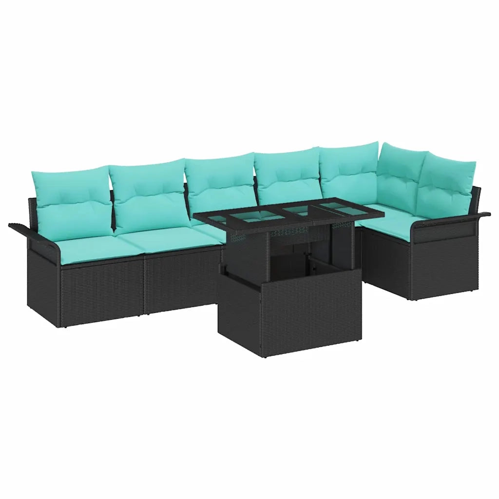 Set Divano da Giardino con cuscino 7 pcs Nero Poly Rattan