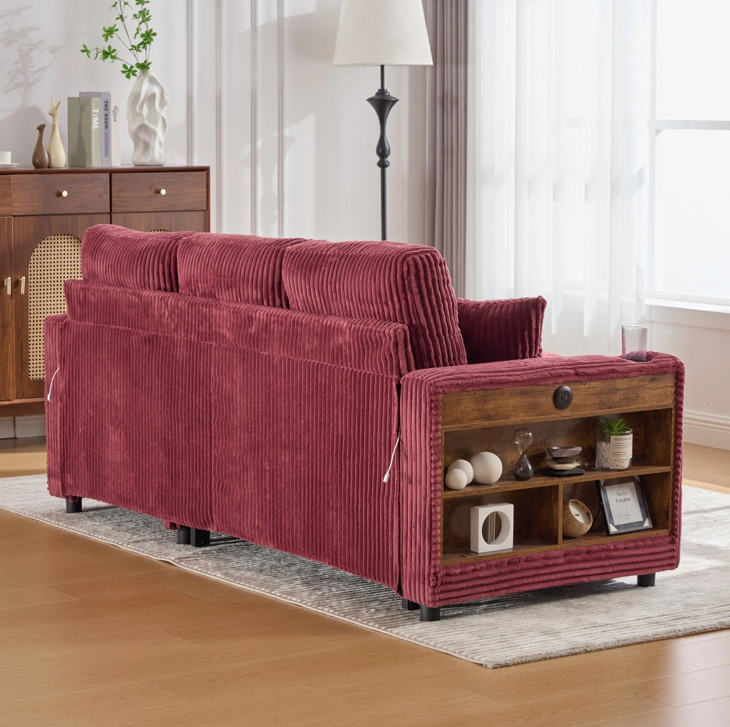 Divano letto in corduroy con contenitore; USB-C e LED; 196 cm; rosso vino