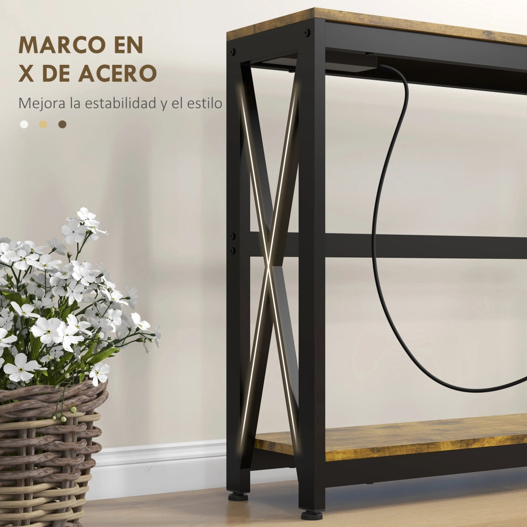 Consolle ingresso 2 ripiani con ricarica USB ¨C Xylo ¨C acciaio marrone rustico 100x24x75cm