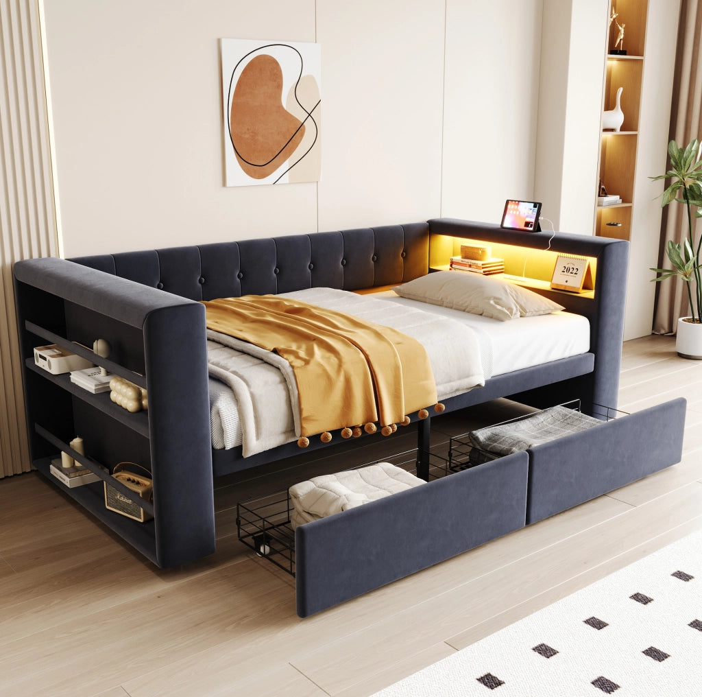 Letto singolo multifunzione 90x190 cm grigio scuro con LED, presa e cassetti