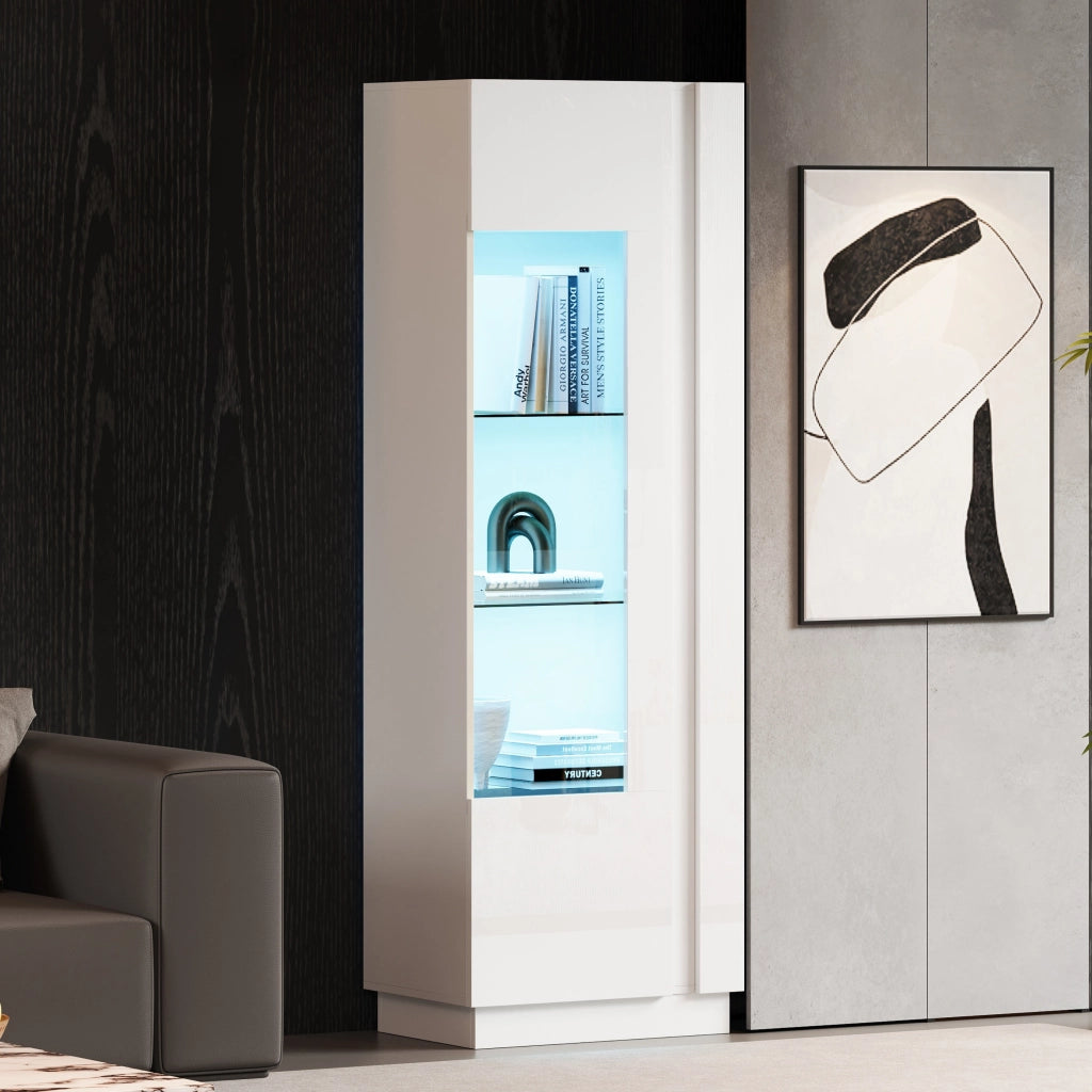 Vetrina con porta in acrilico e LED a controllo app, 5 vani e ripiani in vetro, per soggiorno, bianco, 60 × 40 × 180 cm