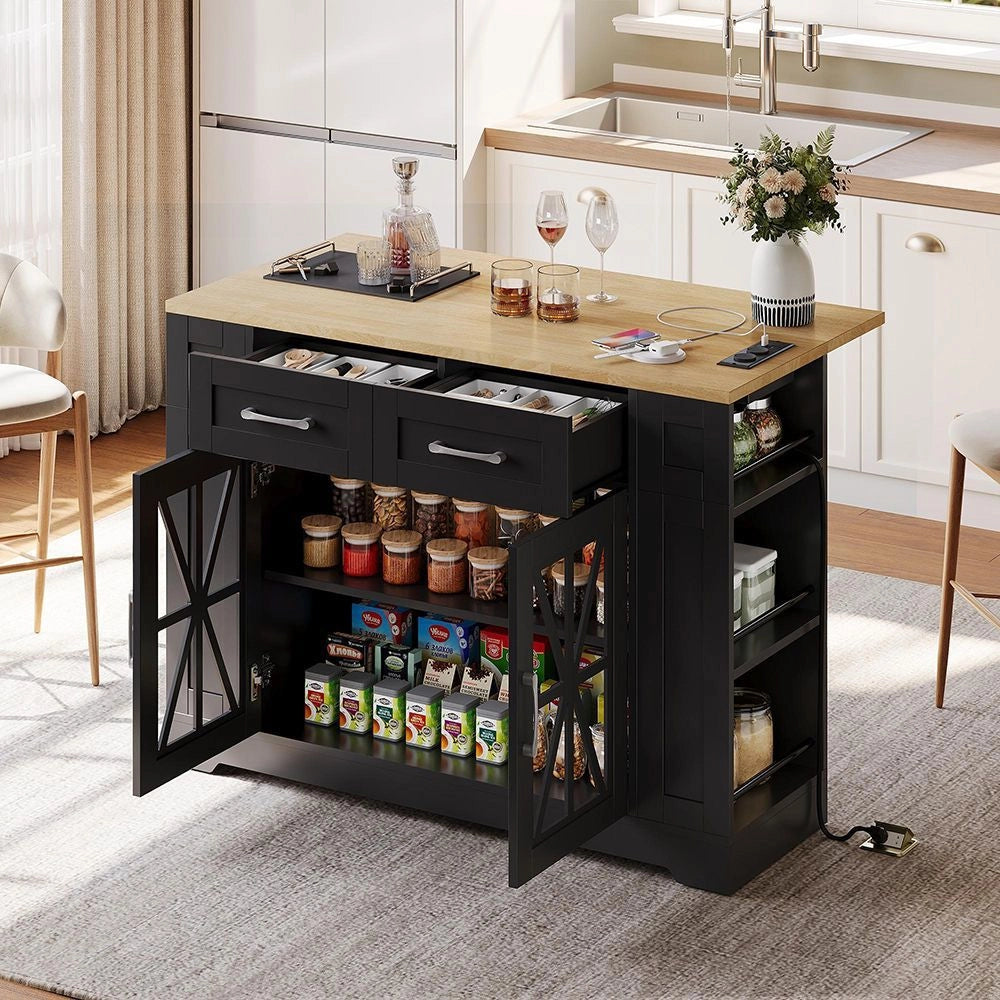 Isola da cucina portatile - Xylo - 120 cm - Ripiano aperto, prese, vetro, laminato regolabile, ruote con freni