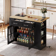 Isola da cucina portatile - Xylo - 120 cm - Ripiano aperto, prese, vetro, laminato regolabile, ruote con freni