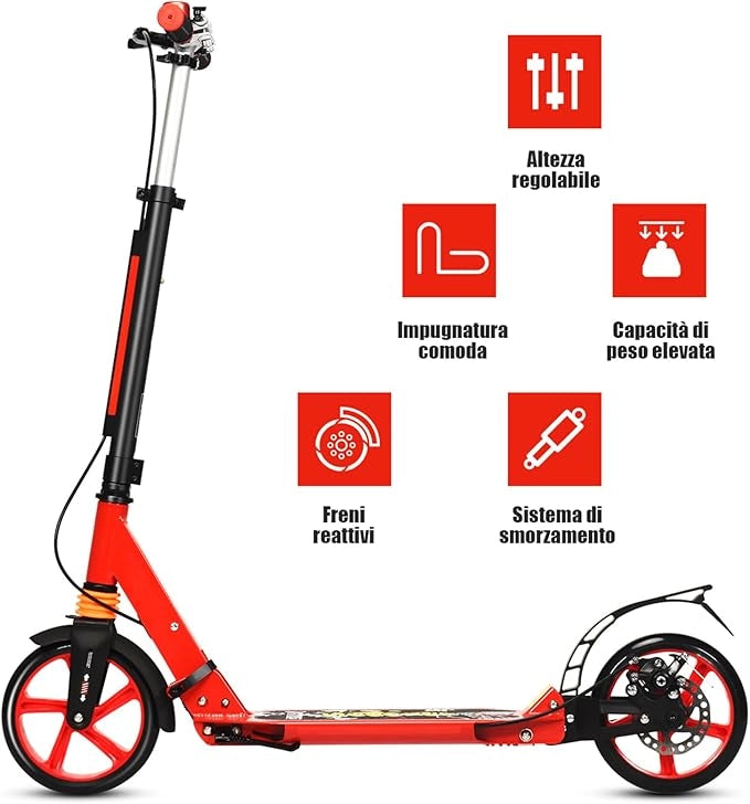Monopattino Bambini e Adulti, Monopattino a Spinta Pieghevole e Regolabile in 3 Altezze, Monopattino Portatile con 2 Ruote, Cavalletto, Freno e Pedale Antiscivolo, Portata 100 kg