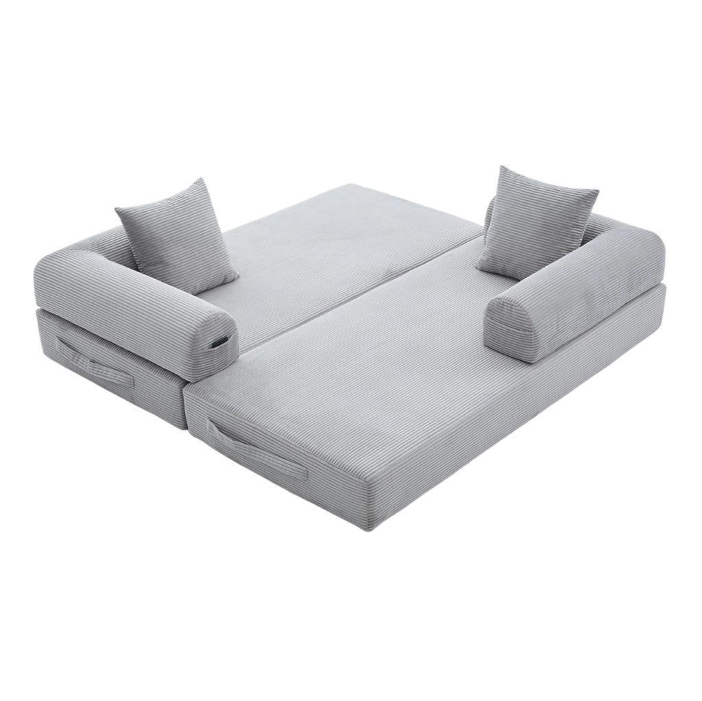 Divano modulare 200x94x67 cm con tasca laterale e 3 cuscini in velluto a coste grigio chiaro
