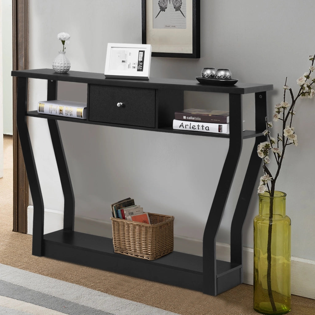 Tavolo con cassetto e 3 ripiani da studio e ufficio, Consolle per ingresso e salone multiuso 120x30x81cm Nero