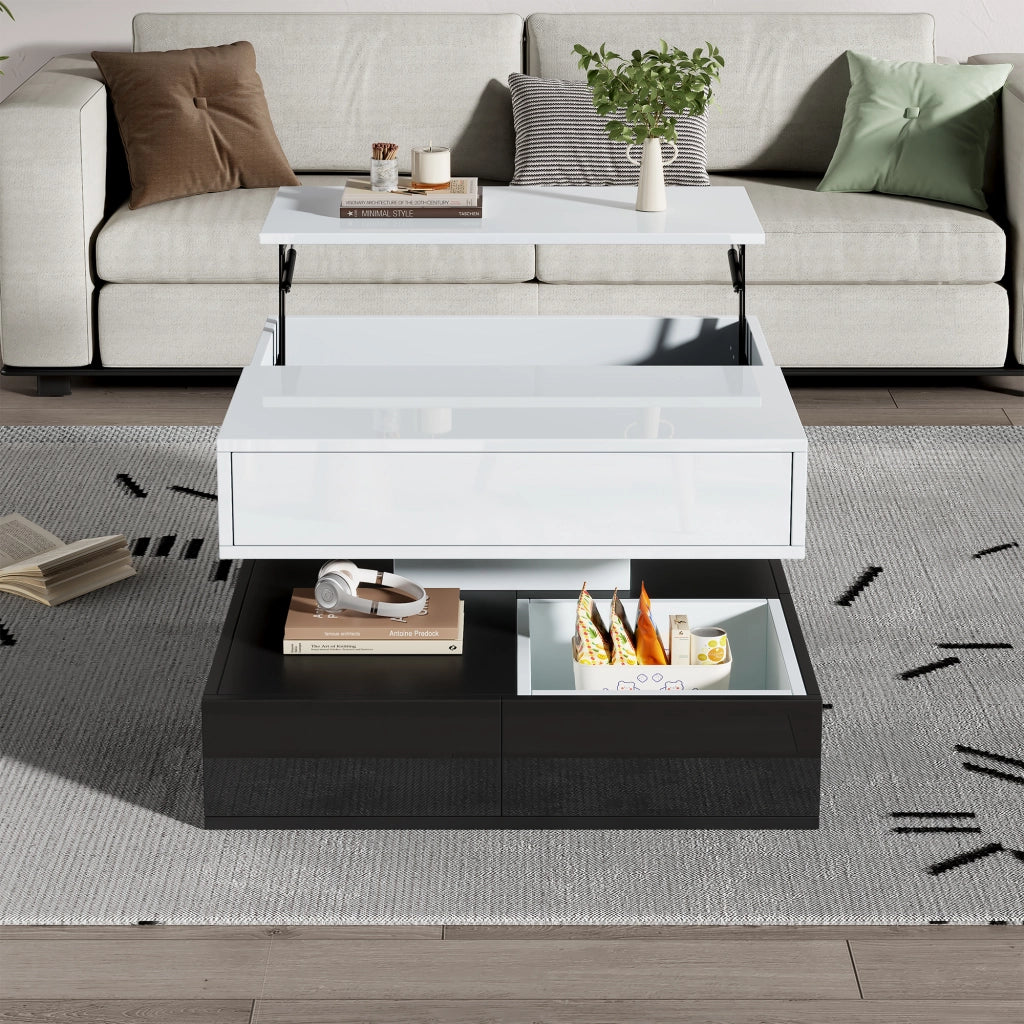 Tavolino da caffè 70x70 cm con piano girevole 360°, 3 cassetti, vano contenitore, bianco e nero