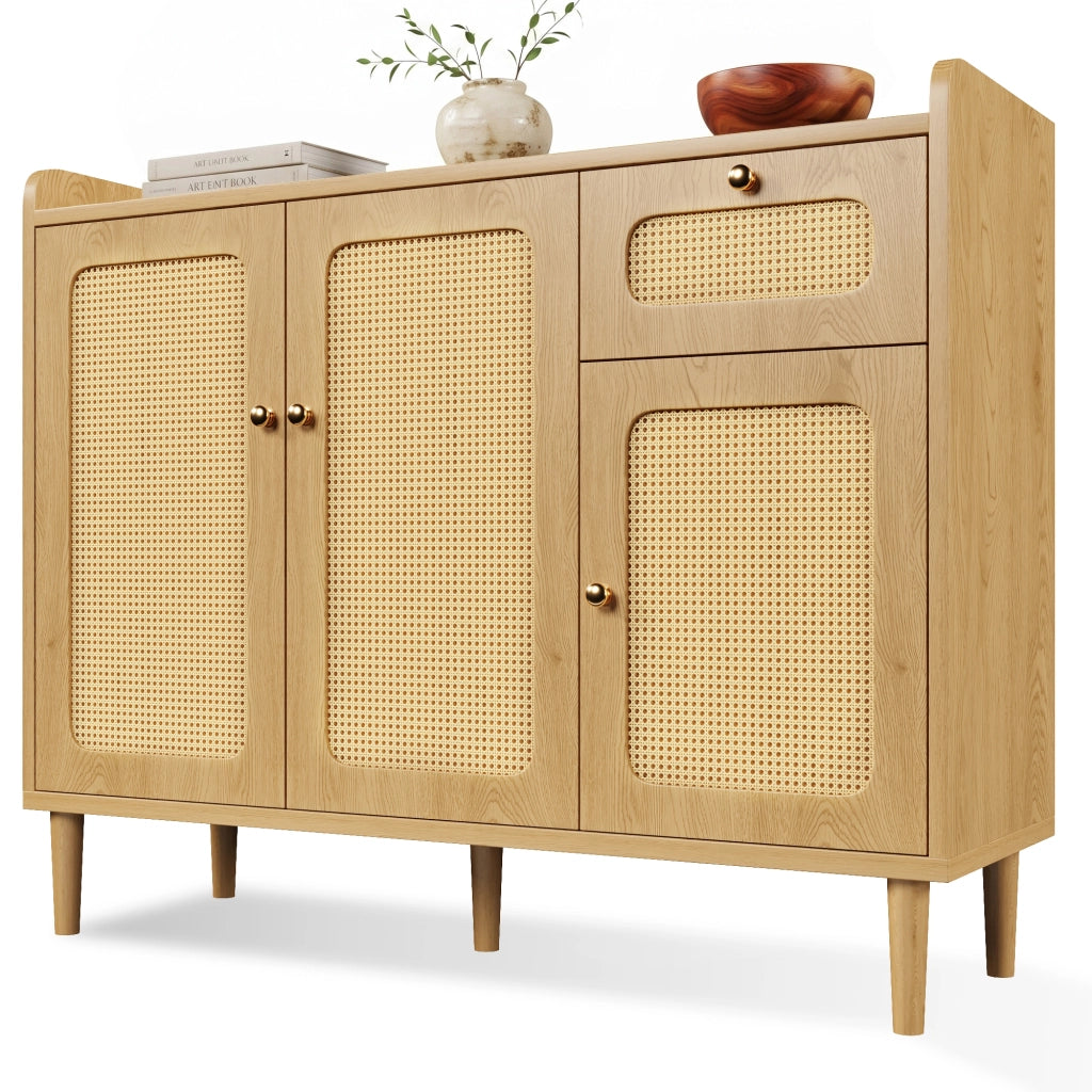 Credenza 120x40x91 cm con frontali in rattan MDF rovere