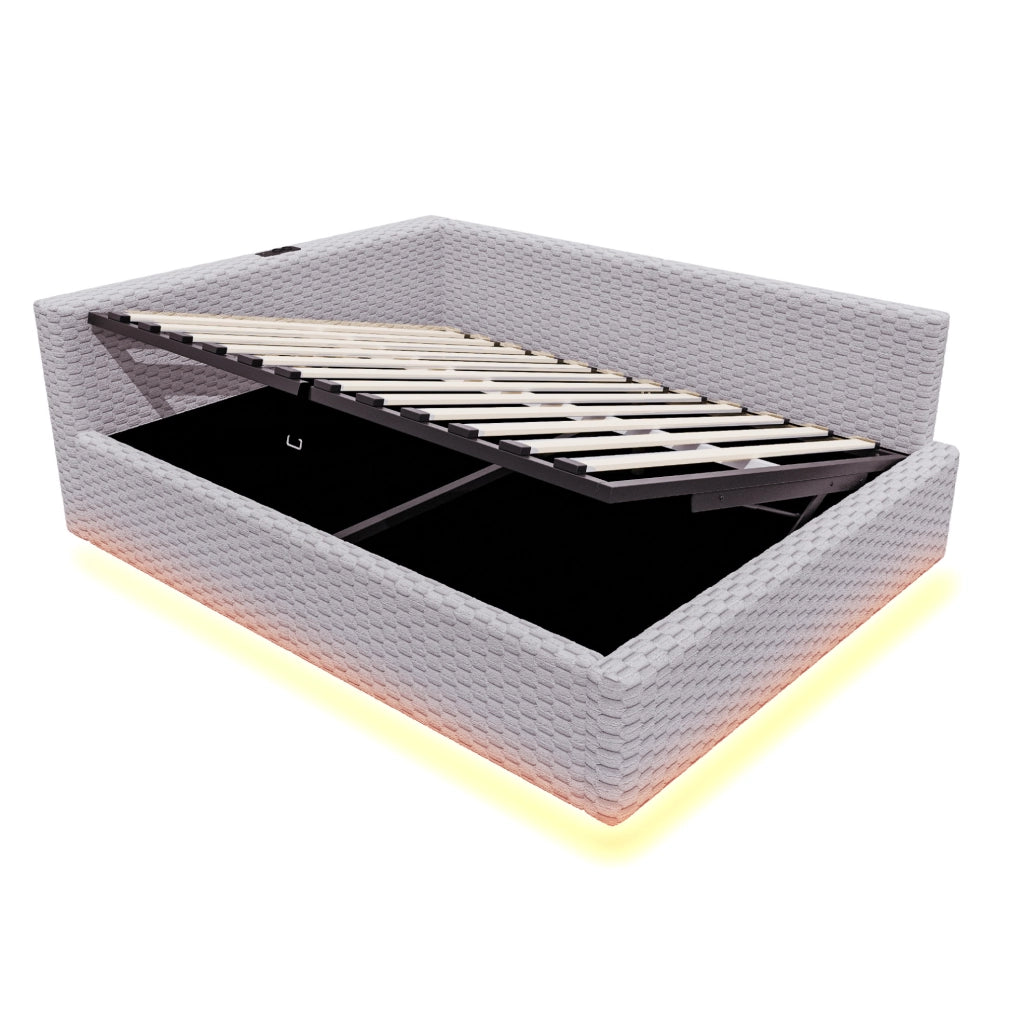 Letto imbottito ULEVR 140x200 cm con contenitore idraulico, LED, USB e Type-C, velluto grigio
