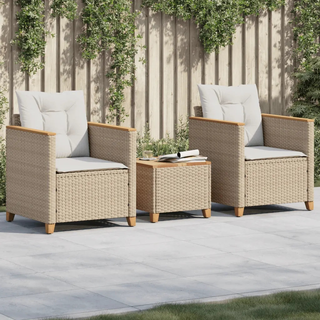 Set da BistrÃ² 3 pz con Cuscini Beige Polyrattan e Legno Acacia