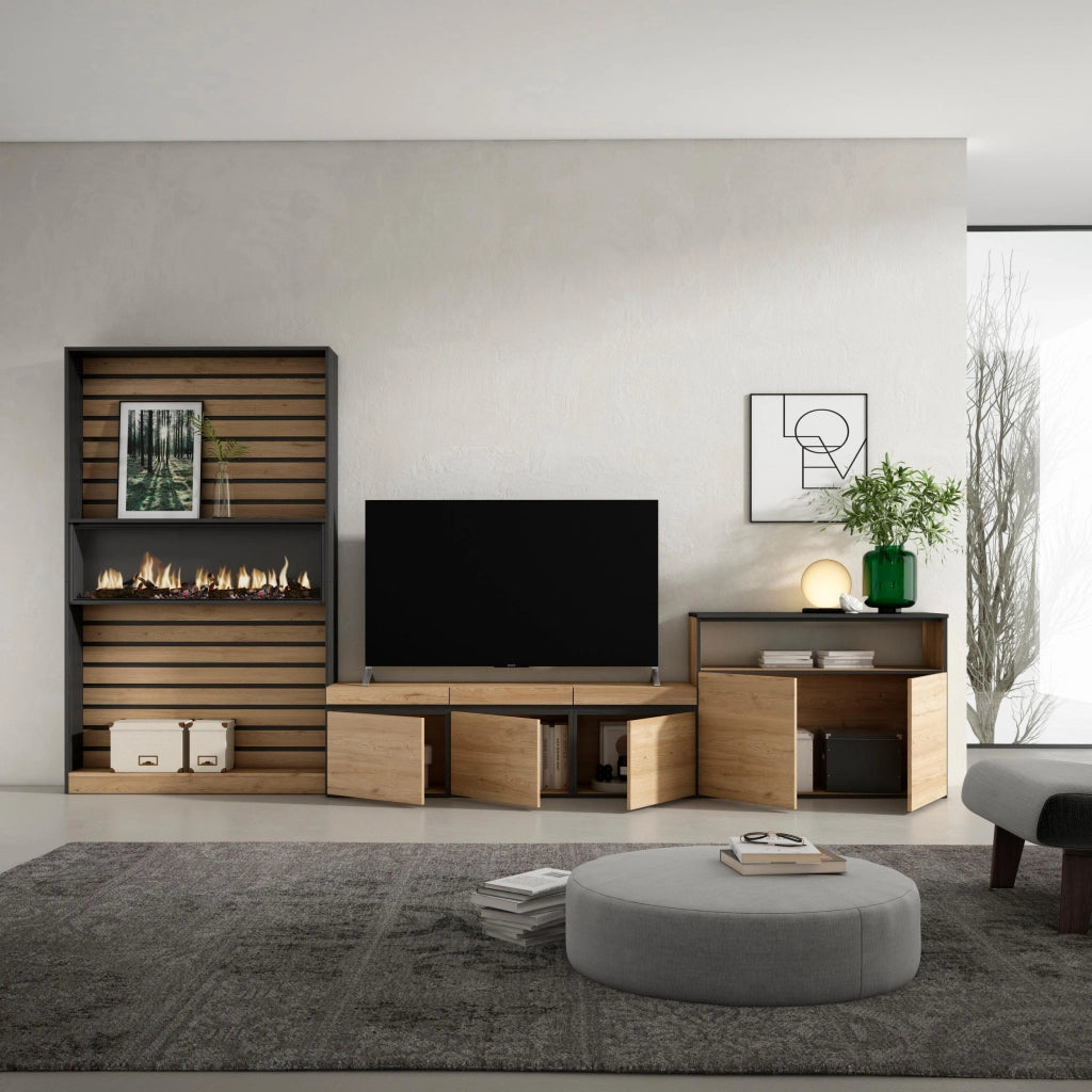 Mobile TV, Soggiorno, 360x35x186cm, Per TV fino a 65", Camino elettrico, colore Rovere e nero RF3160