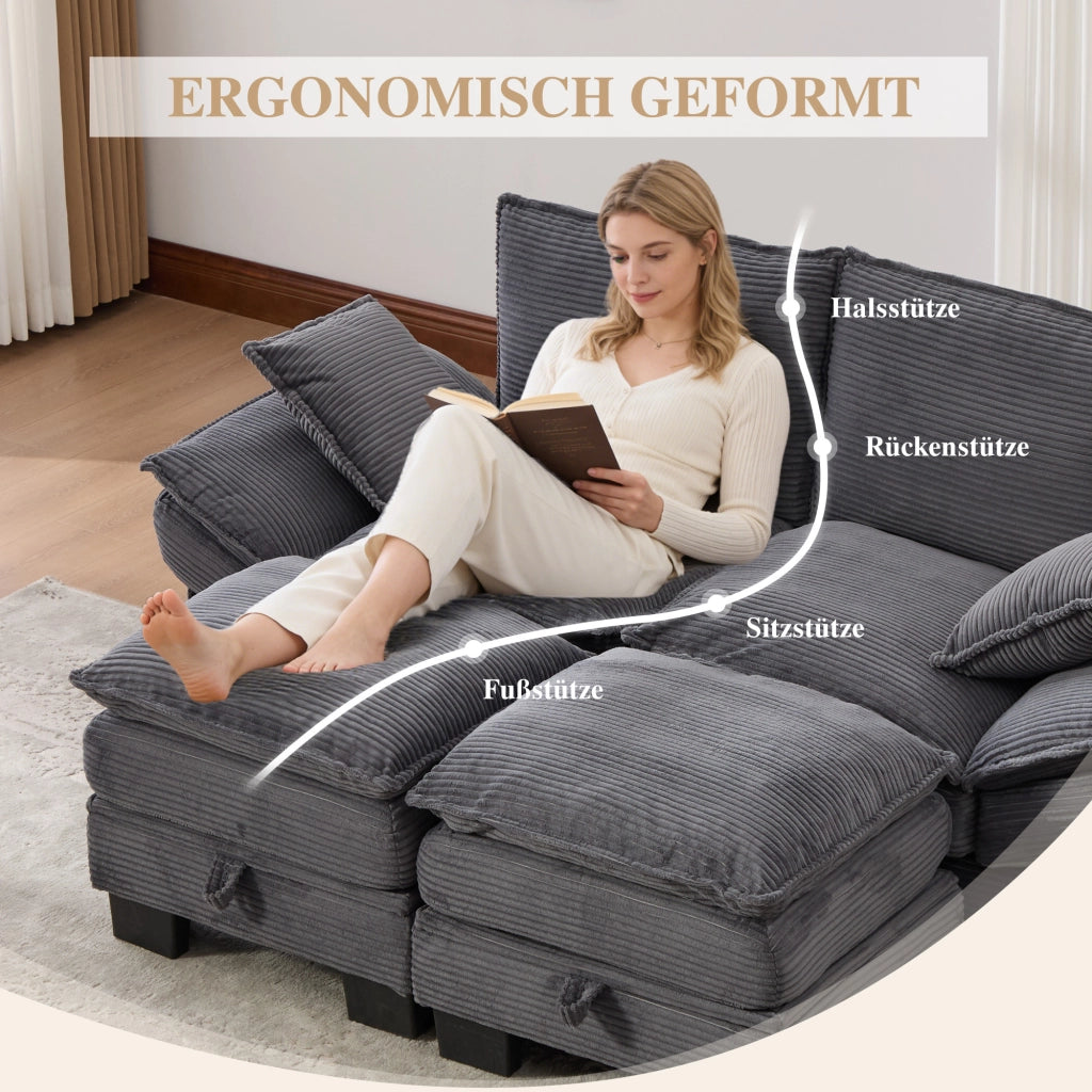 Divano modulare 2 posti in tessuto corduroy con ricarica USB-C tasche laterali e pouf ergonomico grigio scuro