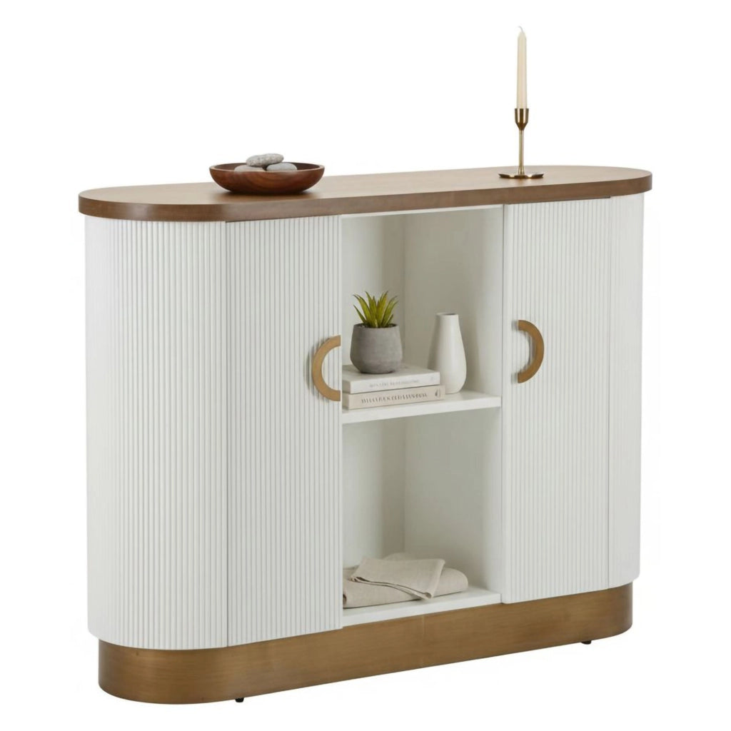 Credenza Ferrule, Buffet da soggiorno, Madia da salotto, Dispensa da cucina, 121x41 h90 cm, Bianco e Marrone
