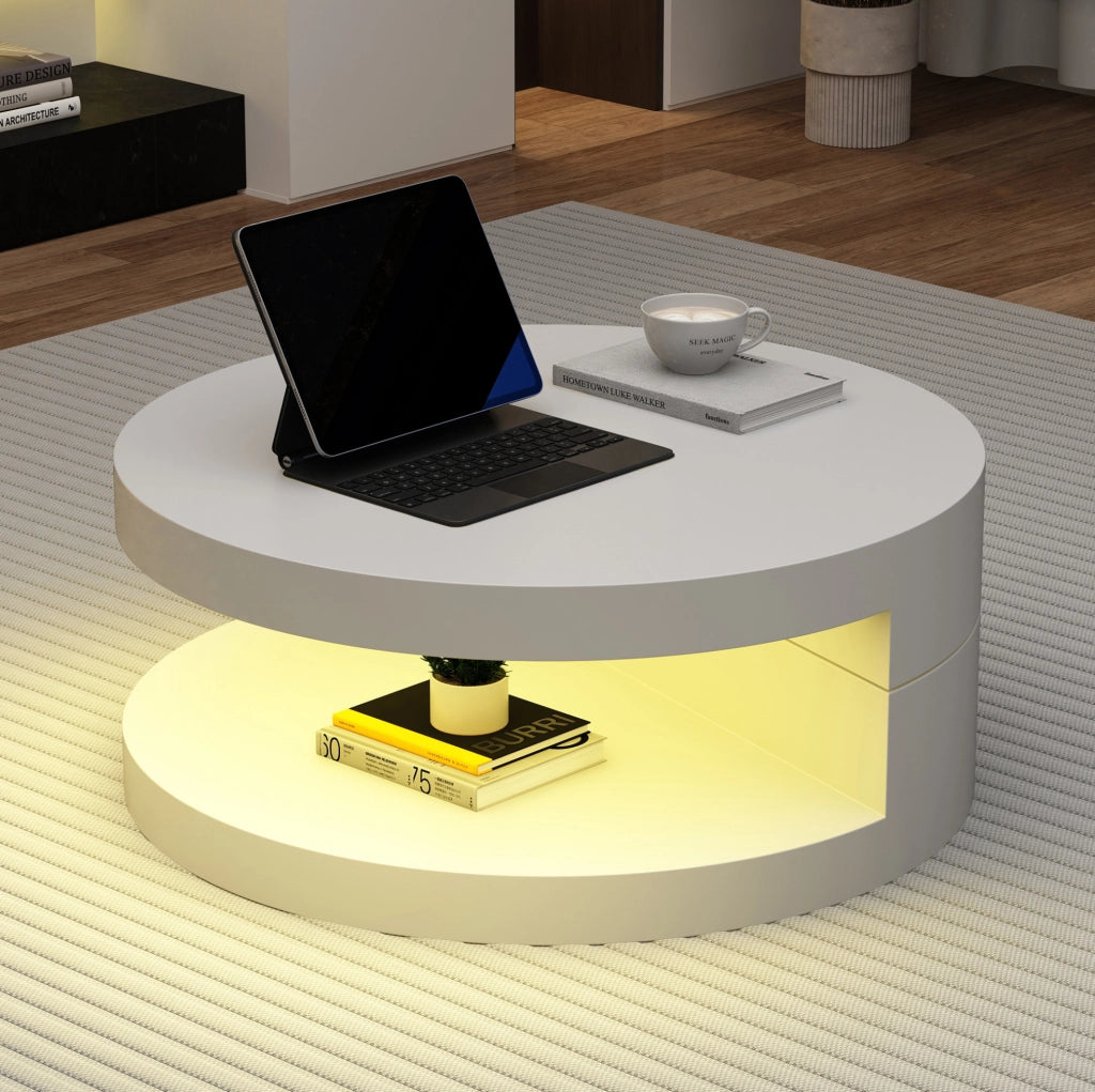Tavolino da caffè rotondo con LED e piano girevole, bianco
