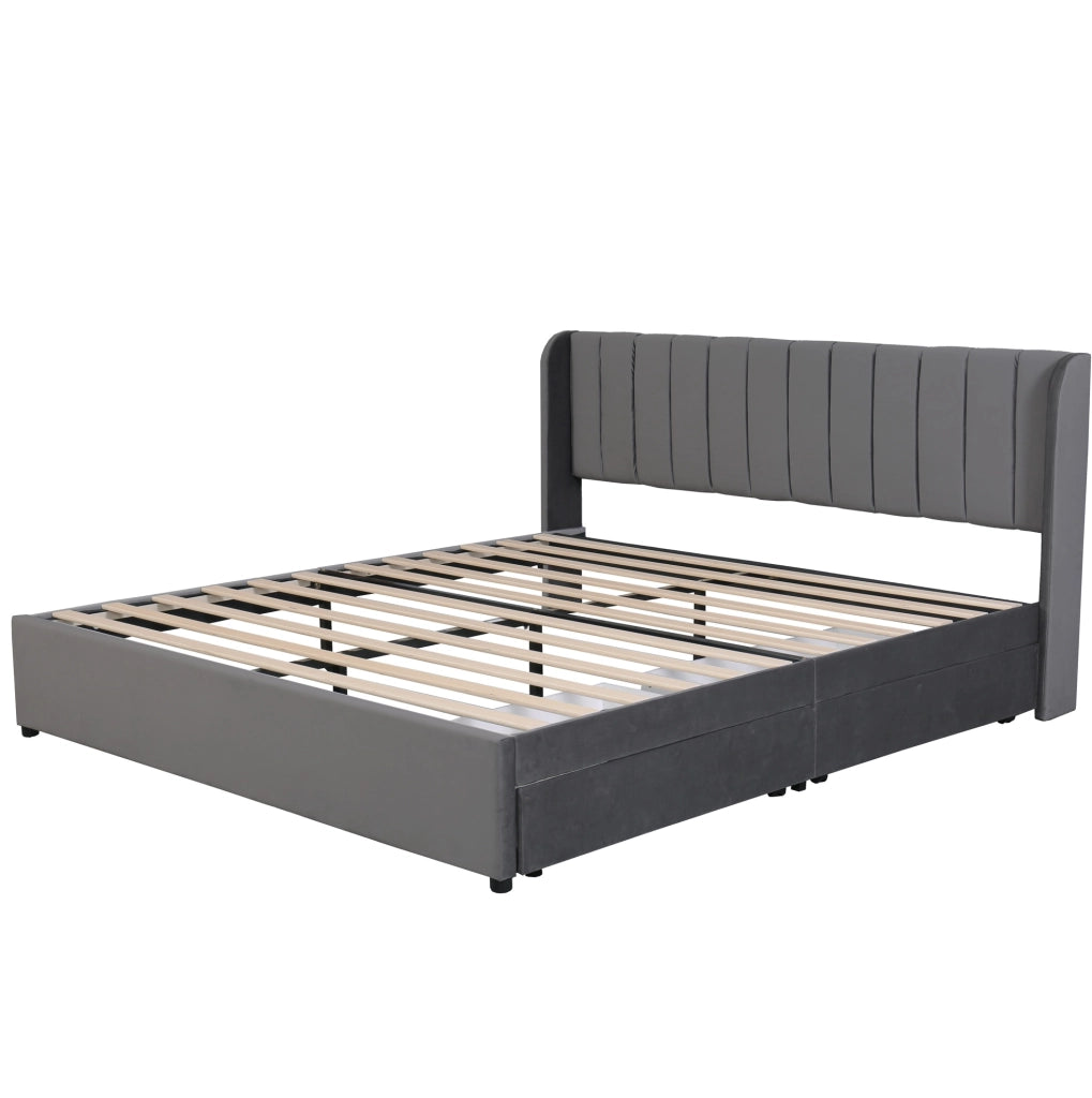Letto 180x200 cm con testiera alta, 2 cassetti e rete a doghe in velluto grigio