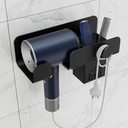 Föhnhouder per parete senza forare, supporto per föhne in metallo nero, supporto autoadesivo con cavo e contenitore, supporto per föhne per bagno hotel.