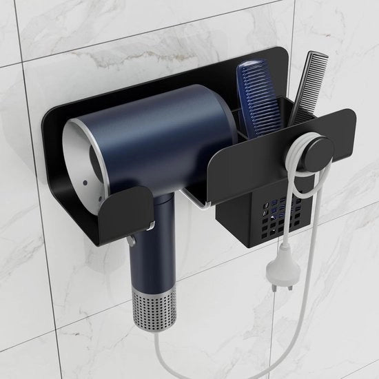 Föhnhouder per parete senza forare, supporto per föhne in metallo nero, supporto autoadesivo con cavo e contenitore, supporto per föhne per bagno hotel.