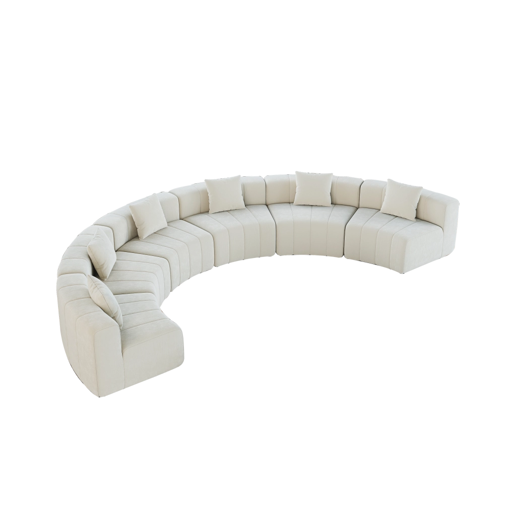 Sofà modulare curvo in chenille beige, composizione semicircolare da 6 moduli con 2 cuscini