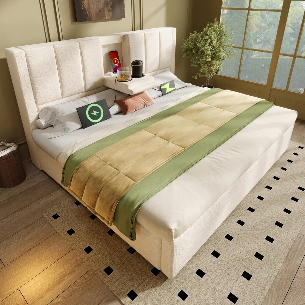 Letto imbottito 140x190 cm con contenitore, presa di ricarica e portabicchieri