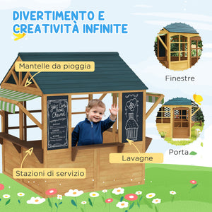 Casetta per Bambini 3-8 Anni 173x117x144 cm con 5 Finestre e 2 Lavagne in Legno di Abete Marrone e Blu