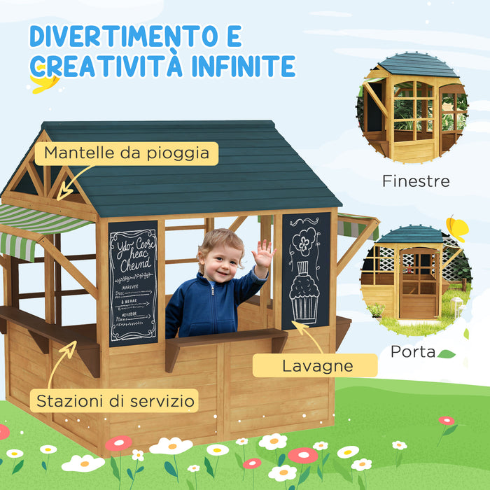 Casetta per Bambini 3-8 Anni 173x117x144 cm con 5 Finestre e 2 Lavagne in Legno di Abete Marrone e Blu
