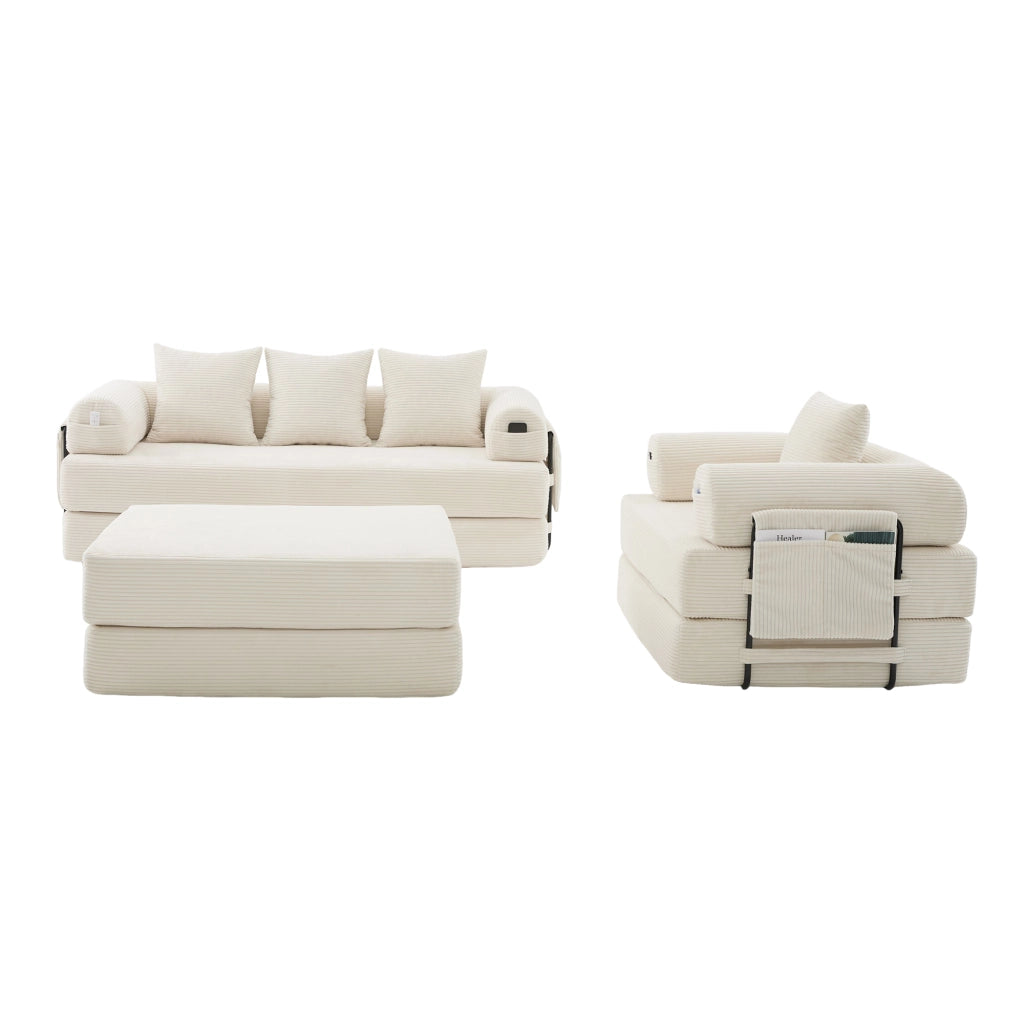 Divano modulare in corda beige con pouf, tasca laterale, 3 cuscini e struttura in metallo
