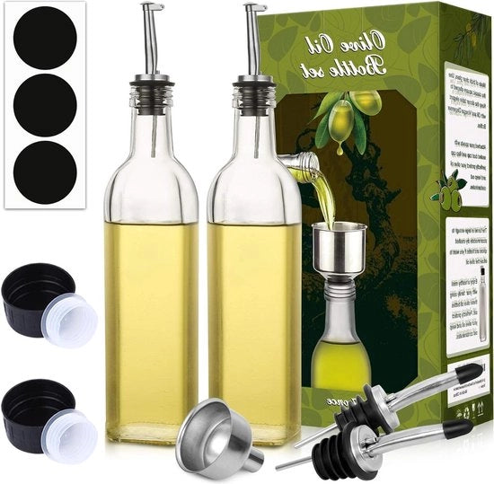 Dispensatore di olio d'oliva in vetro da 17 oz con imbuto e etichette - caraffa per olio e aceto - karaf per olio d'oliva per la cucina - 500 ml