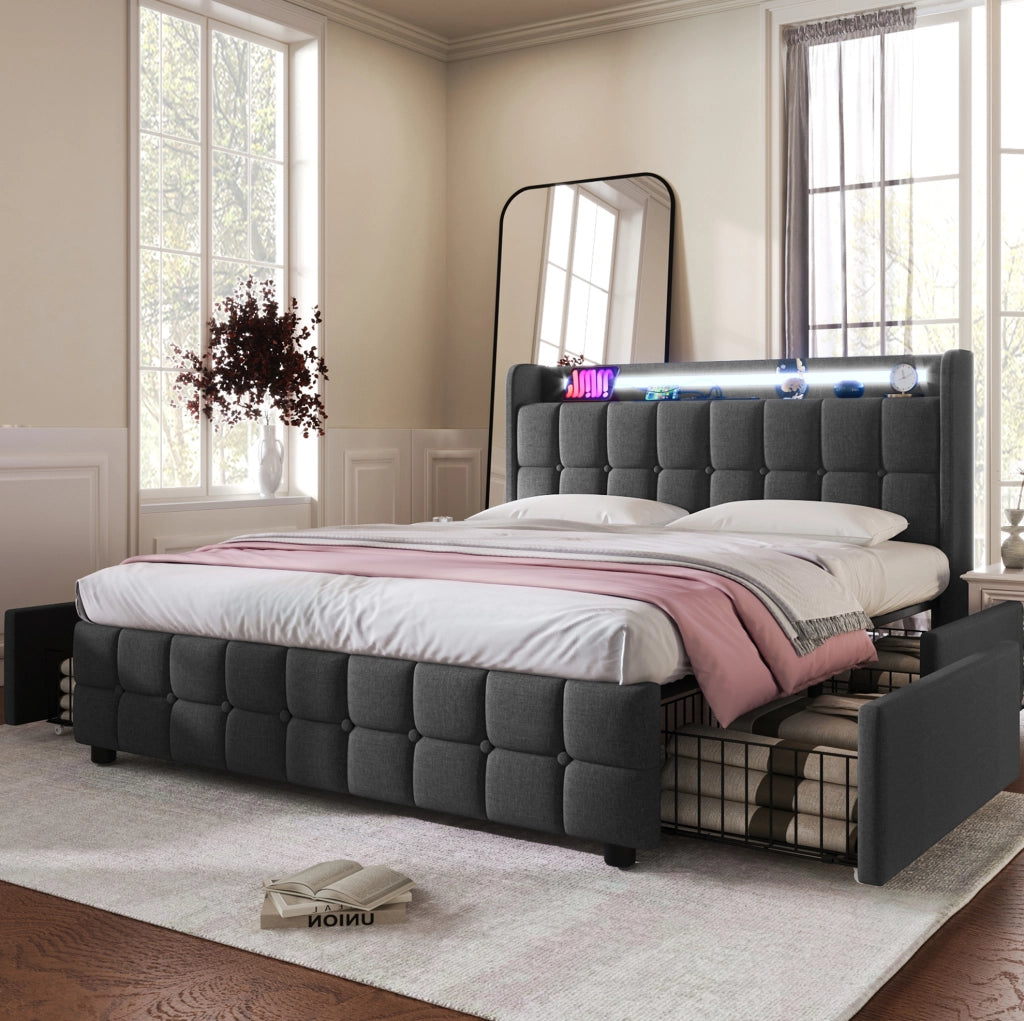 Letto matrimoniale 180x200 cm con LED; prese USB e 4 cassetti; legno grigio