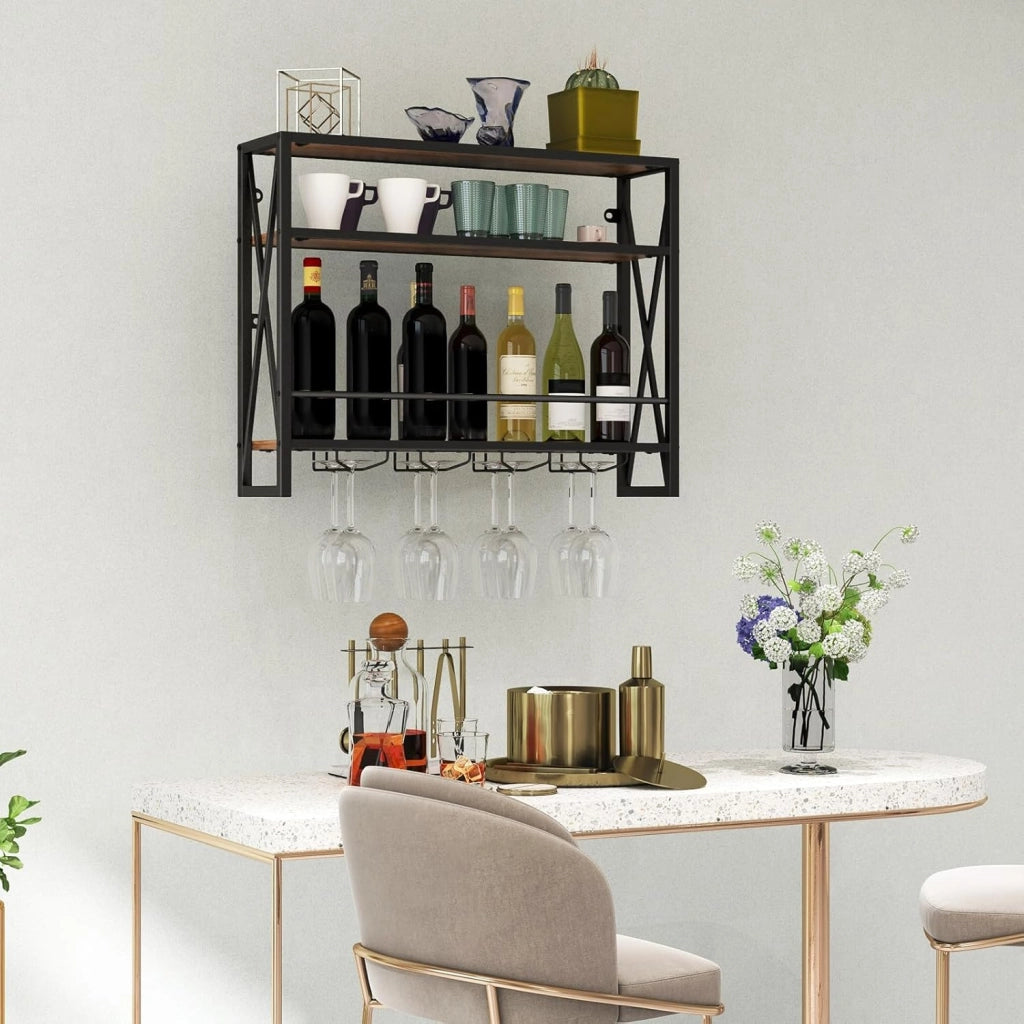 Scaffale per Vino da Parete, Portabottiglie a 3 Livelli, Portabottiglie da Vino con Supporto in Vetro, per Cucina, Casa, 80x20x63 cm