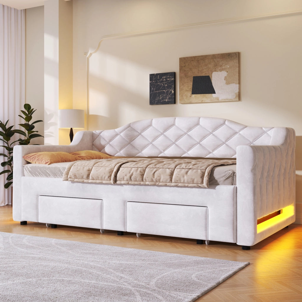 Letto estraibile 90 × 200 cm fino a 180 × 200 cm con 2 cassetti, LED regolabile, senza materasso, bianco