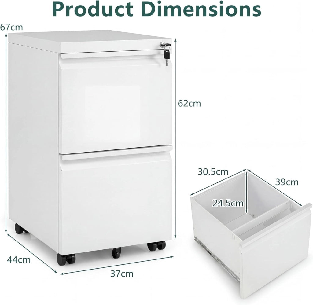 Cassettiera per Ufficio con 5 Ruote, Cassettiera per Archivio in Acciaio con 2 Cassetti, 2 Barre Appendicartelle Regolabili e Serratura, 2 Colori (Bianco)