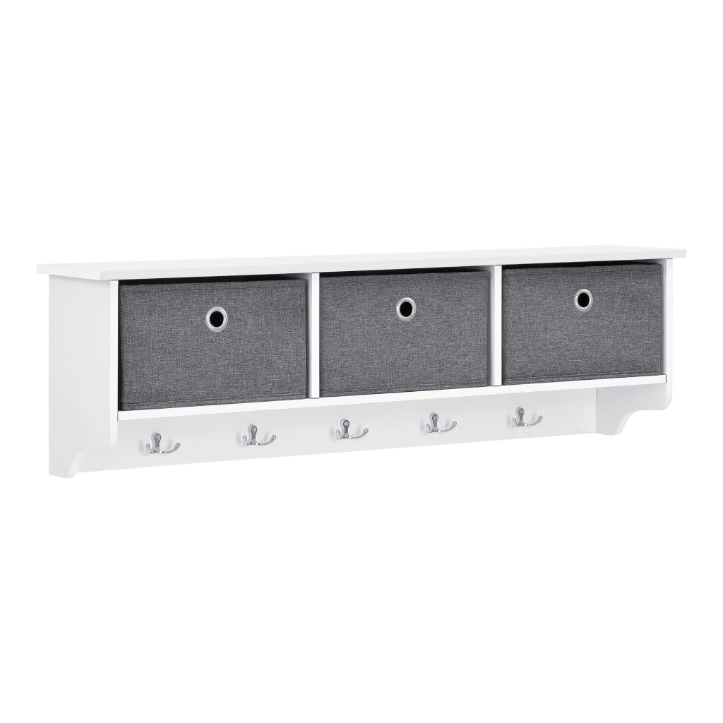 Appendiabiti da Parete con 5 Ganci, Piano di Appoggio e 3 Scatole Portaoggetti - Attaccapanni da Muro (AxLaxP) 30x100x20 cm Struttura Bianca + 3 Contenitori in Tessuto Grigio