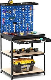 Banco da Lavoro con Piano da 80 x 40 cm, Banco da Lavoro Officina con Pannello Forato e 20 Ganci Porta Attrezzi, Tavolo da Lavoro per Garage con Cassetto e 2 Mensole (Blu)