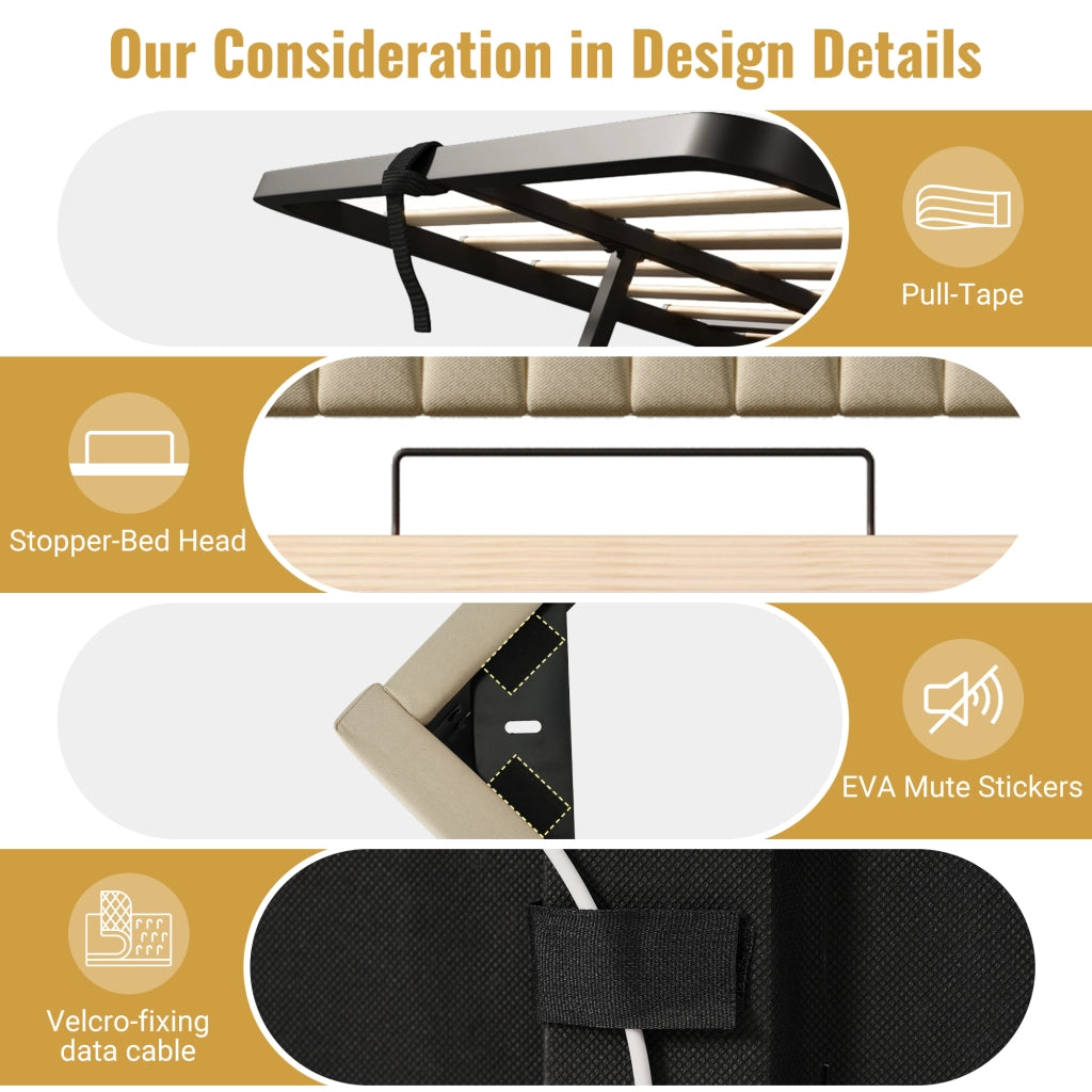 Letto Contenitore 140 x 190 cm - USB; Tipo C; LED e Mensole - in Lino Beige