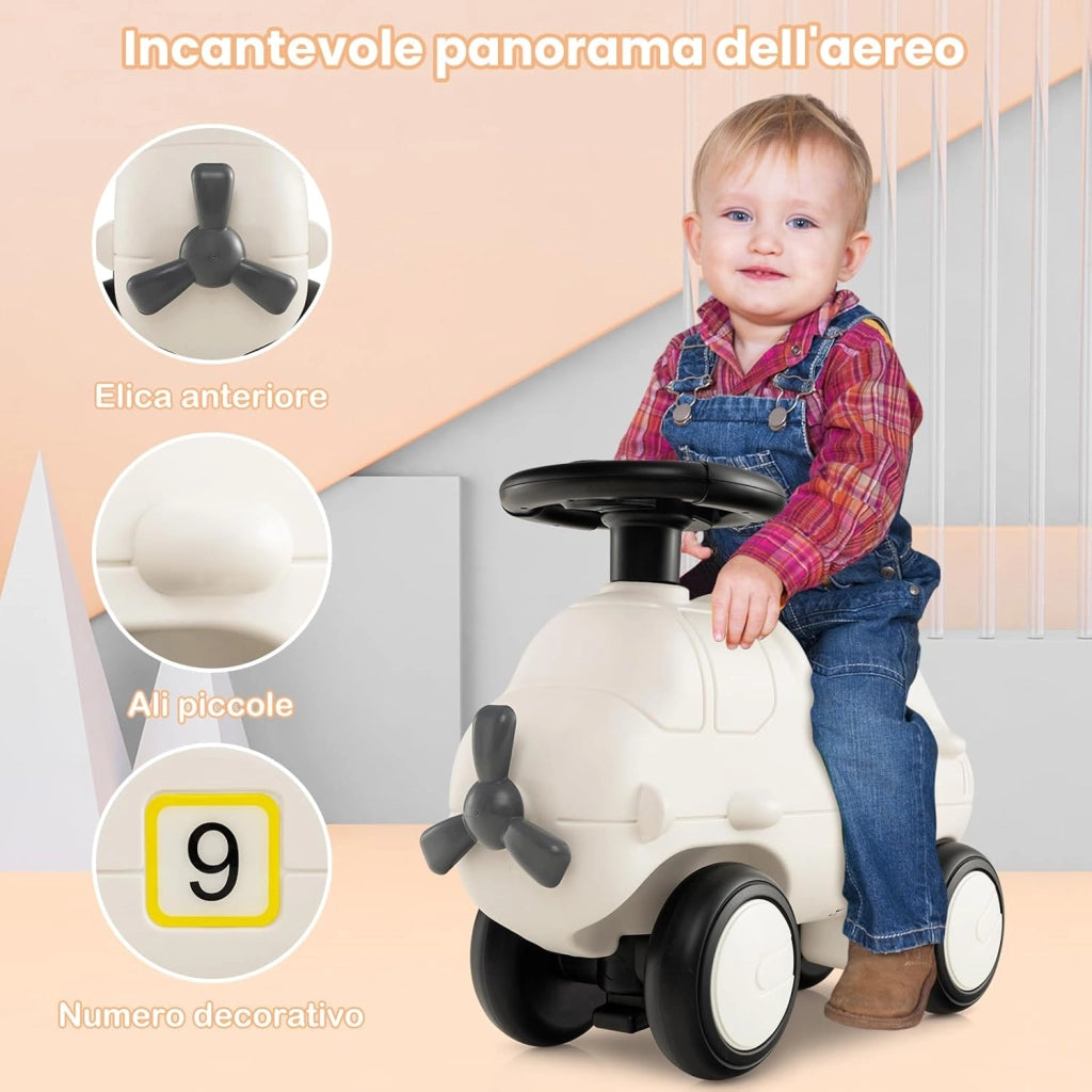 Macchinina Cavalcabile a Spinta per Bambini, Macchina Giocattolo a Forma di Aereo, Veicolo da Guidare con Piedi e Sterzo Flessibile e 4 Ruote, Ideale per Bambini 18-72 Mesi