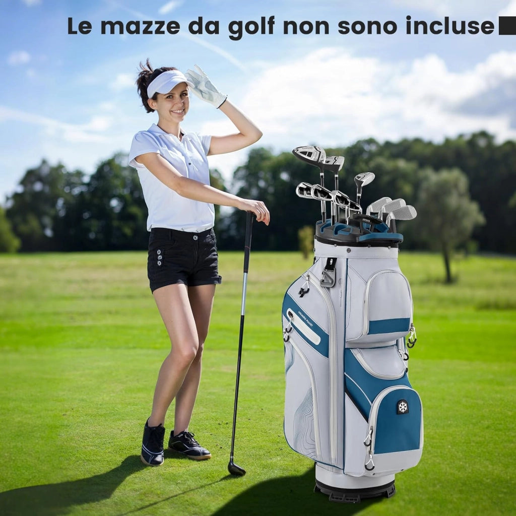 Borsa Carrello da Golf, Sacca da Golf con Serratura e Divisori a 14 Vie, 11 Tasche, Sacca Isolante, Tracolla Imbottita, Maniglie, Porta Ombrello e Cappuccio Antipioggia