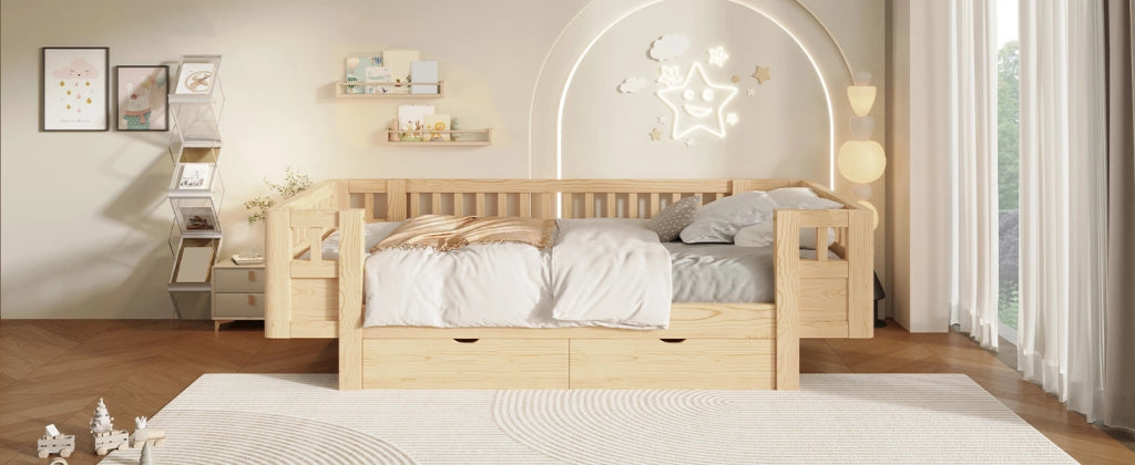 Letto a piattaforma con spondale di sicurezza e due cassetti, in legno, colore legno, per cameretta, 90 × 200 cm