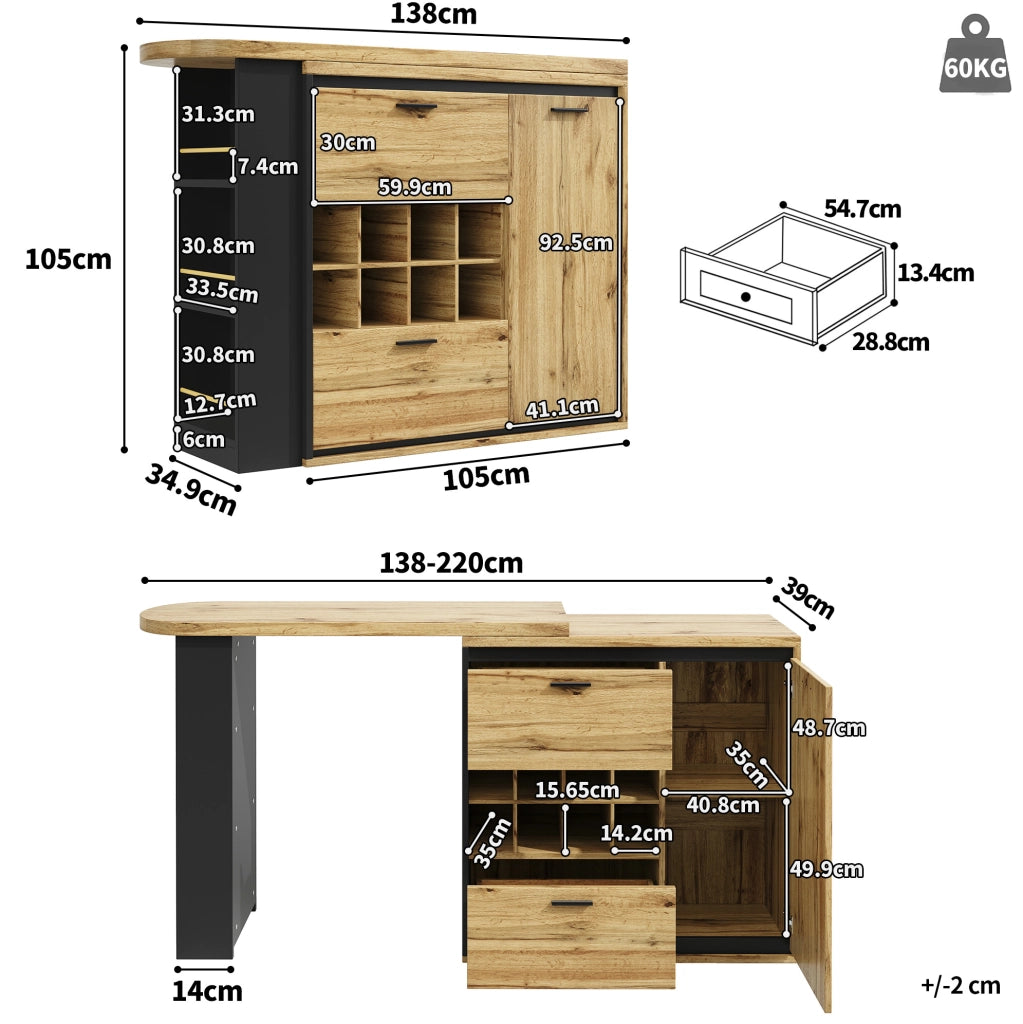 Tavolo da pranzo 138-220x39x105 cm allungabile con 2 cassetti in MDF e metallo naturale