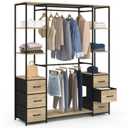 IDMarket - Armadio doppio UTAH + colonna doppia L. 140 cm con 6 ripiani e 6 cestini in legno e tessuto nero