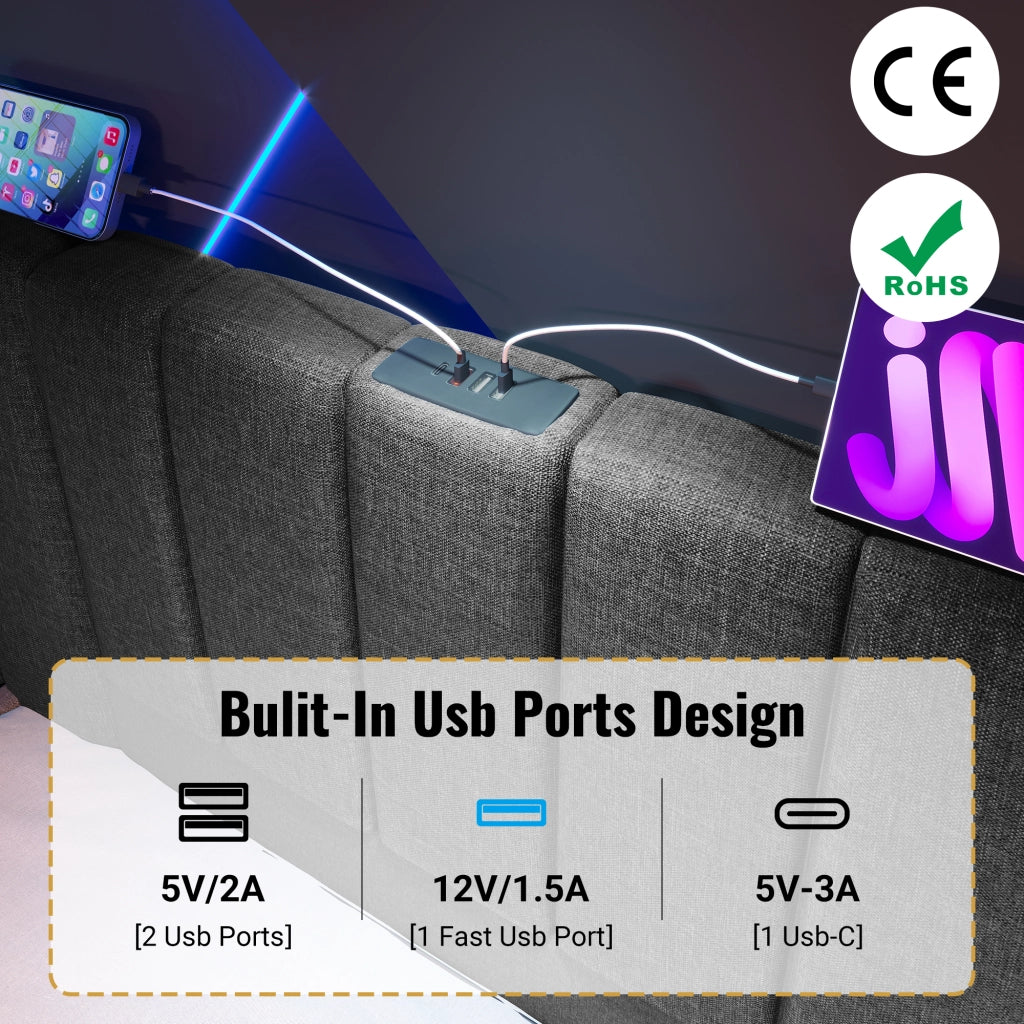 OKWISH Letto Contenitore 180×200 cm, Letto Matrimoniale con 3 USB, Type C e LED Regolabile, senza Materasso, in Lino, Grigio