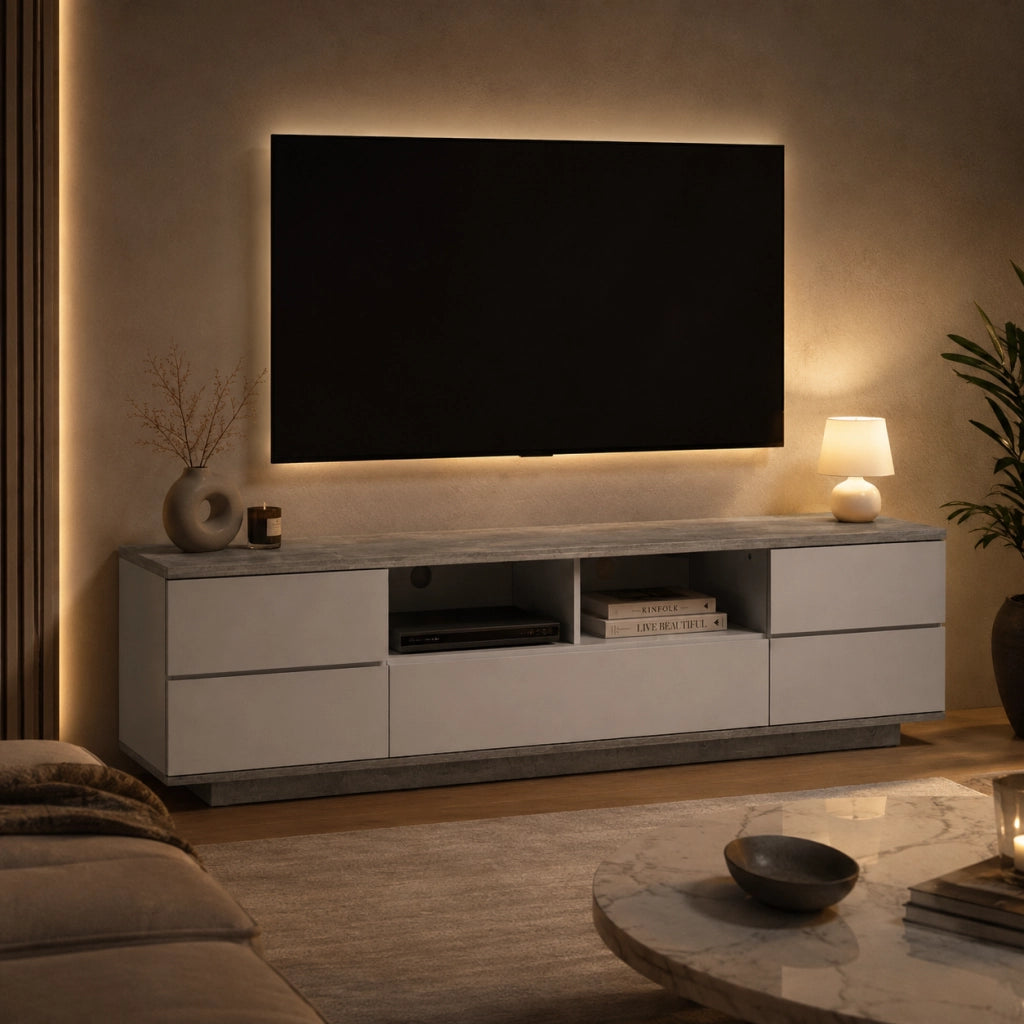 Mobile Tv Salotto Moderno Con 4 Ante 1 Anta A Ribalta 2 Vani A Giorno Con Passacavi Per Soggiorno Living Design In MDF Resistente 180 X 38 X 46 Cm Bianco E Grigio Cemento
