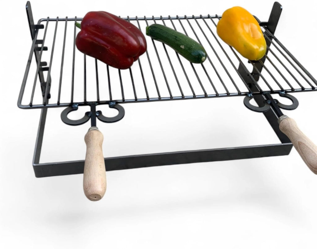 Griglia in ferro regolabile su più altezze, bistecchiera con manici in legno, per barbecue e camino per carne pesce verdure 60x36cm
