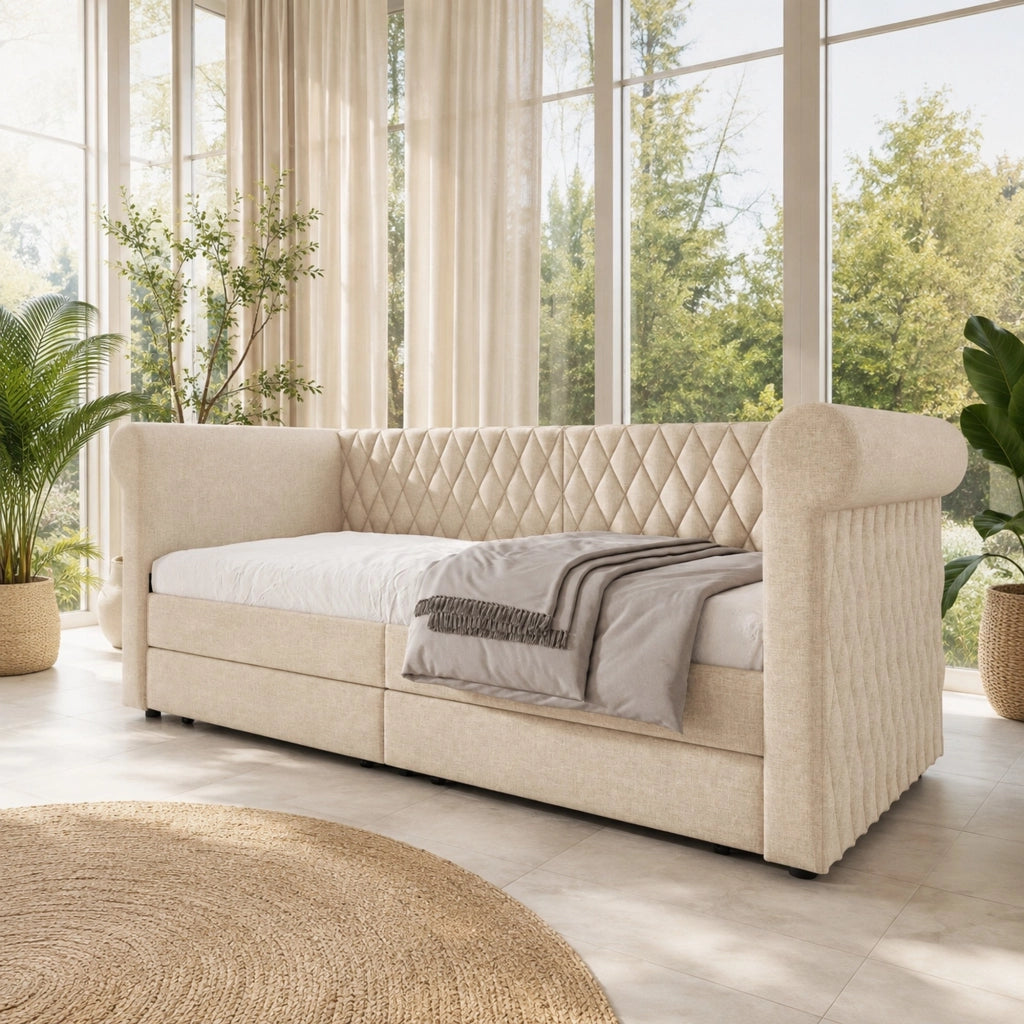 Letto daybed vintage 90x200 cm in lino beige con 2 cassetti, rete a doghe, senza materasso