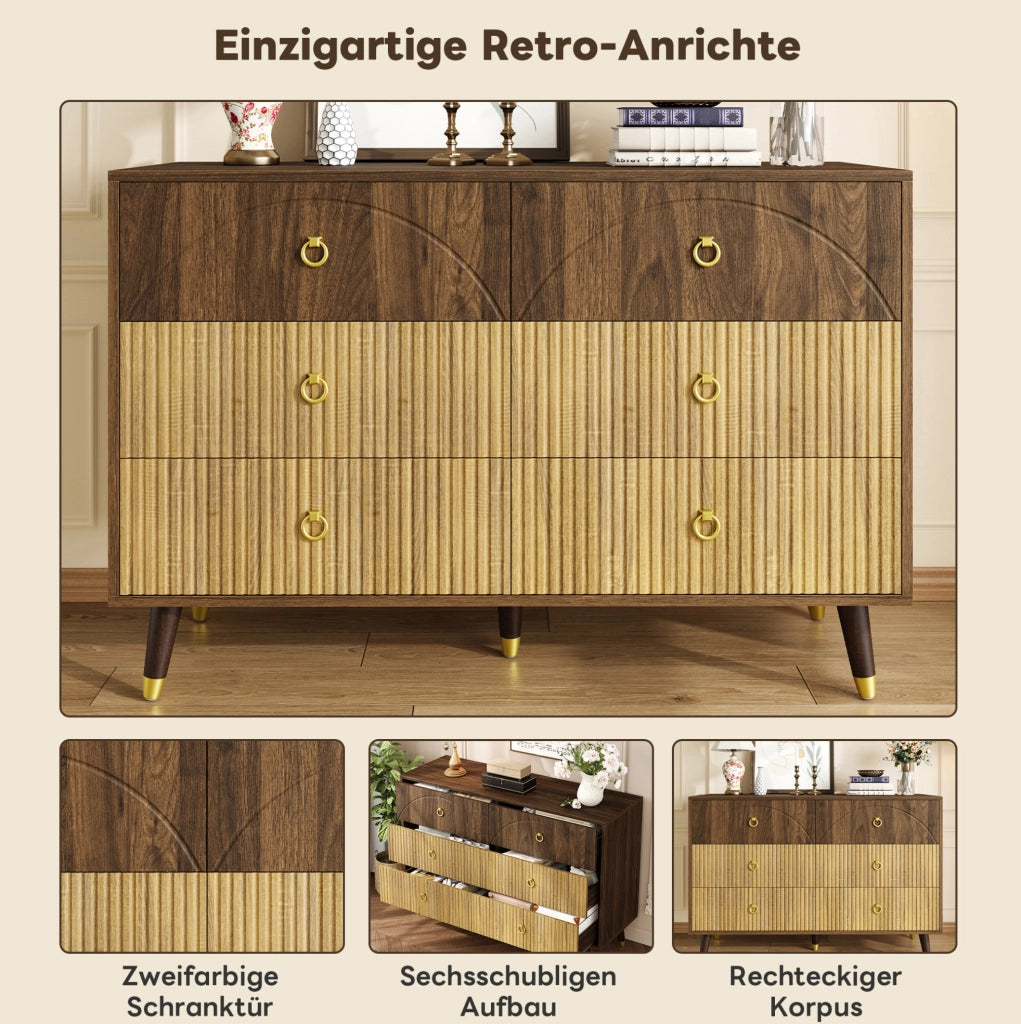 Sideboard vintage a 6 cassetti 120x40x81 cm in MDF e pannello truciolare; naturale