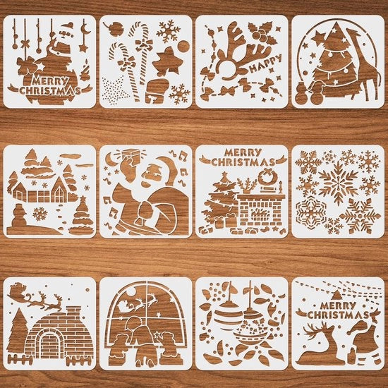 Decorazioni per Parete di Natale 12 Pezzi - Schemi Reutilizzabili - Materiale PP - Disegno Artistico - Decorazione per Muro - Sicuri per Bambini - Schemi Decorativi