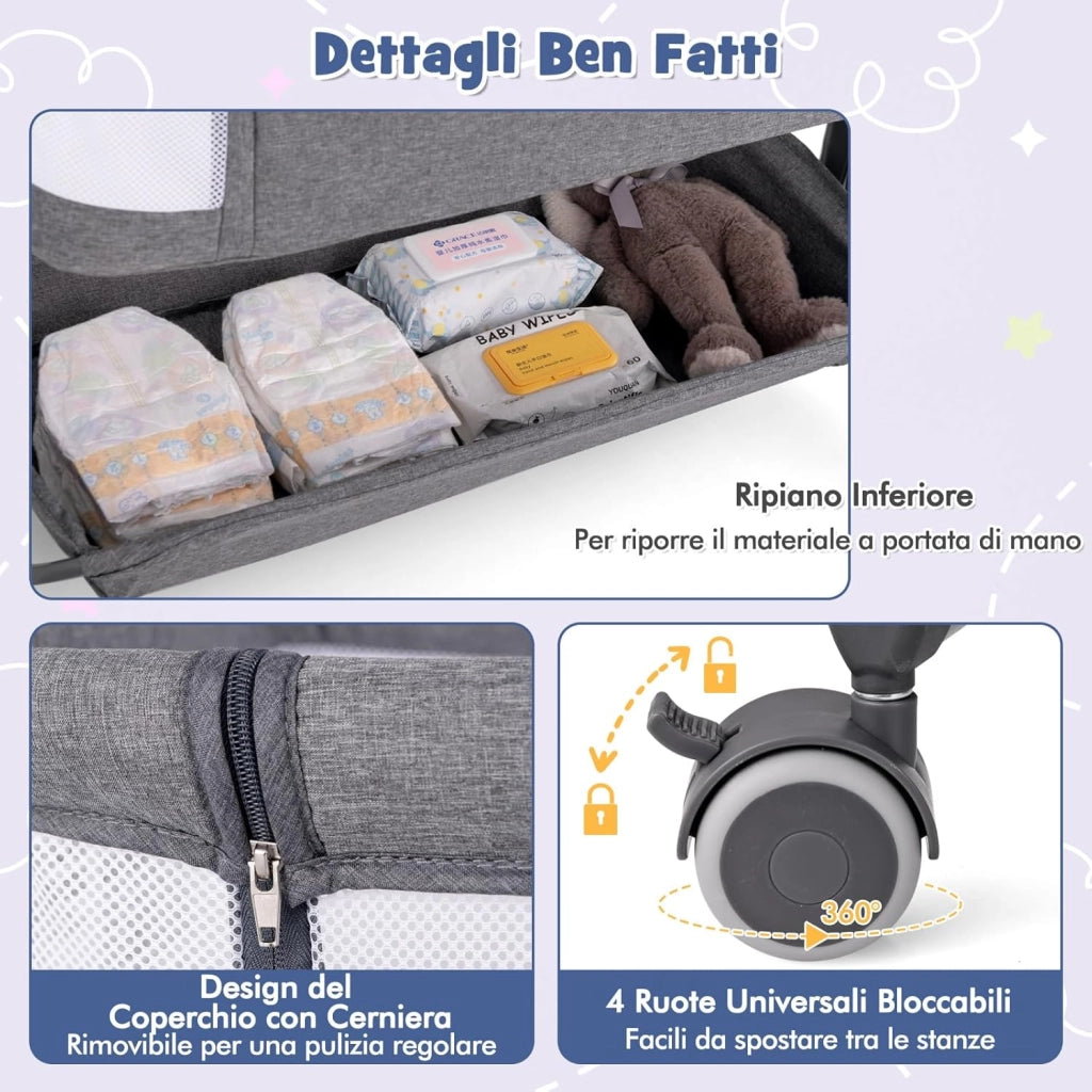 Culla da Affiancare per Neonati, Culla per Bambini con Altezza Regolabile a 6 Livelli, con Mensola Portaoggetti, Materasso e Borsa da Trasporto, per Bambini 0-6 Mesi (Grigio Scuro)