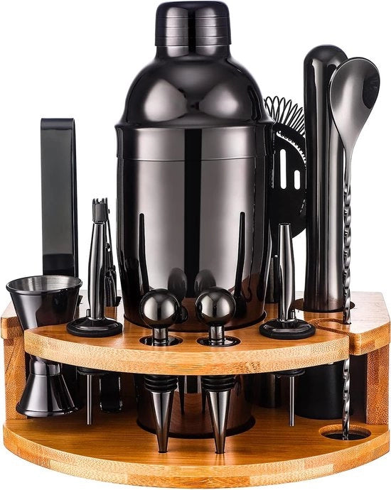 Set di shaker per cocktail da 12 pezzi con maniglia in bambù, set di barista in acciaio inossidabile da 750 ml per cocktail.