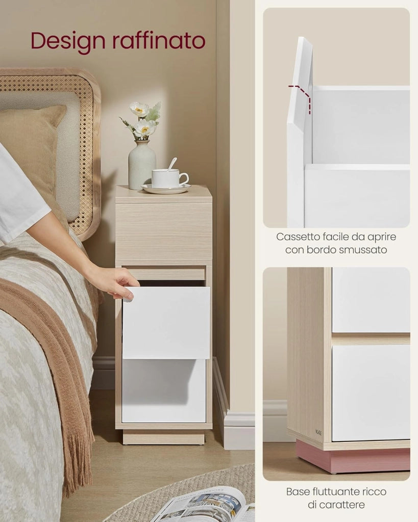 VASAGLE Kailyn Collection - Comodino stretto, set di 2, tavolino, 2 cassetti e vano aperto, montaggio a sinistra o a destra, camera da letto, soggiorno, beige naturale e bianco nuvola LET856N01