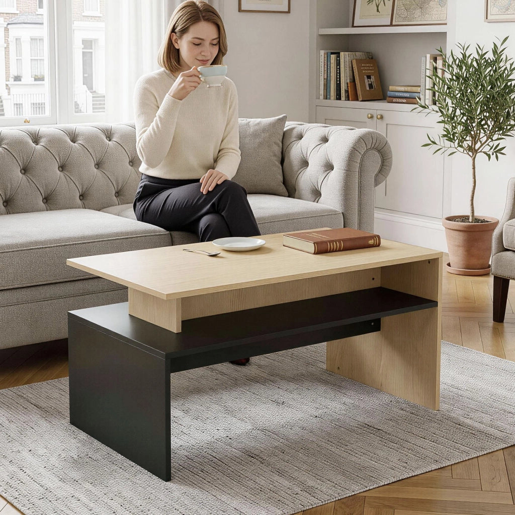 Tavolino da caff¨¨ moderno bicolore a livelli ¨C zephmum ¨C 95x55x50 cm legno naturale e nero