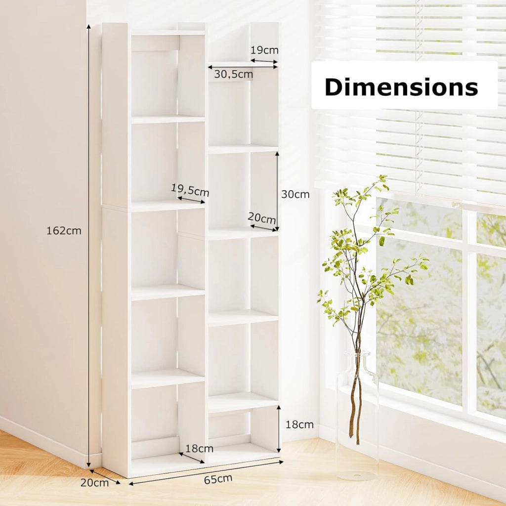 Scaffale in Legno per Libri, Libreria a 12 Ripiani con Kit Anti-Ribaltamento, Unità di Stoccaggio a Forma di Albero, Ideale per Casa Ufficio, 65 x 20 x 162 cm (Bianco)